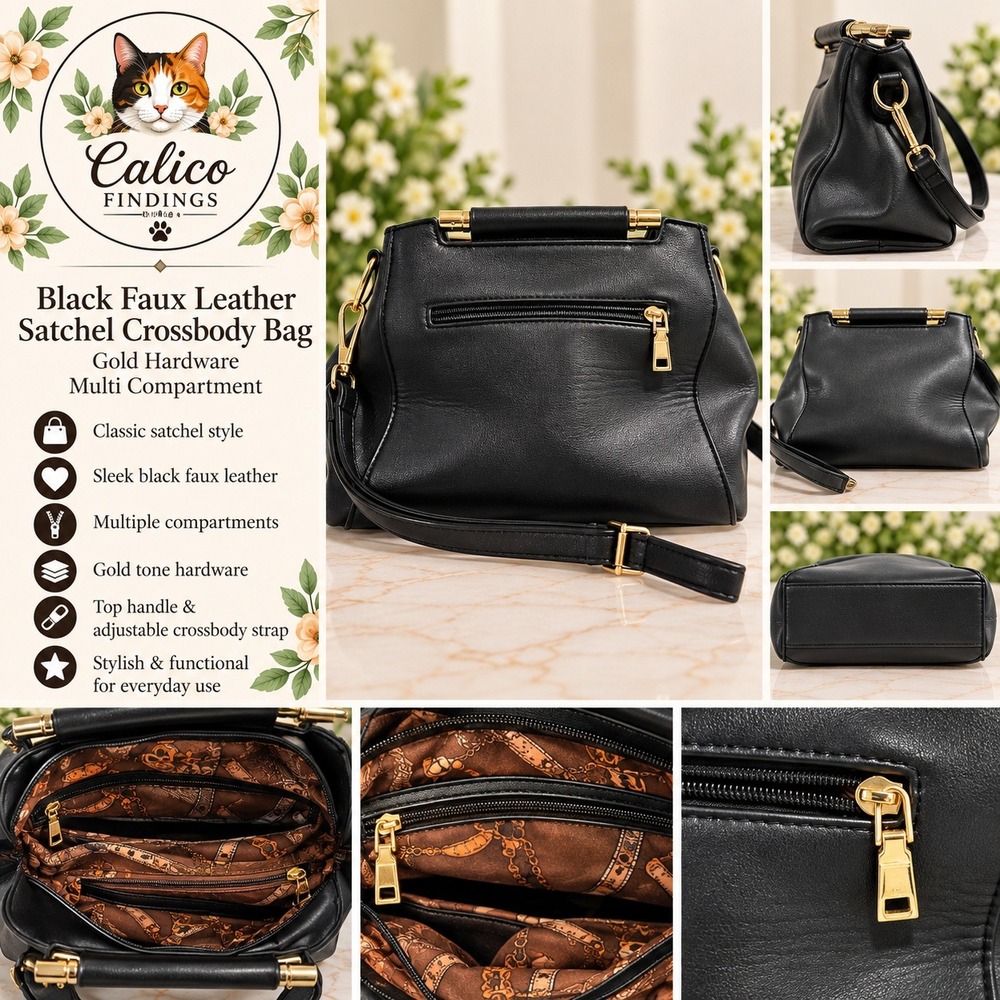 Black Faux Leather Satchel Crossbody Bag Gold Hardware Multi Compartment